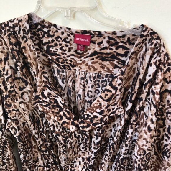 Merona NEW Leopard Animal Print Dress Pockets Tie Waist Shirt Tunic Preppy Tan L - Picture 8 of 9